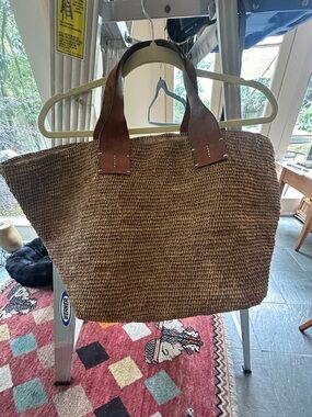 Woven Straw Tote Bag with Brown Leather Handles - Natural Brown